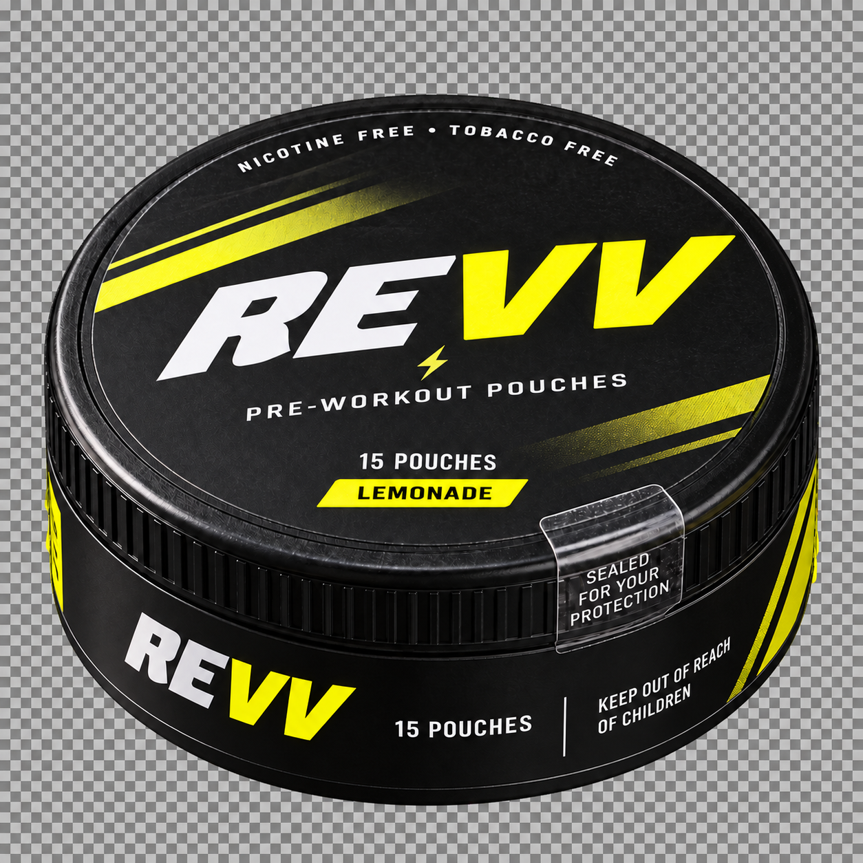 REVV pre-workout can with 15 pouches, printed wrapper and tamper seal
